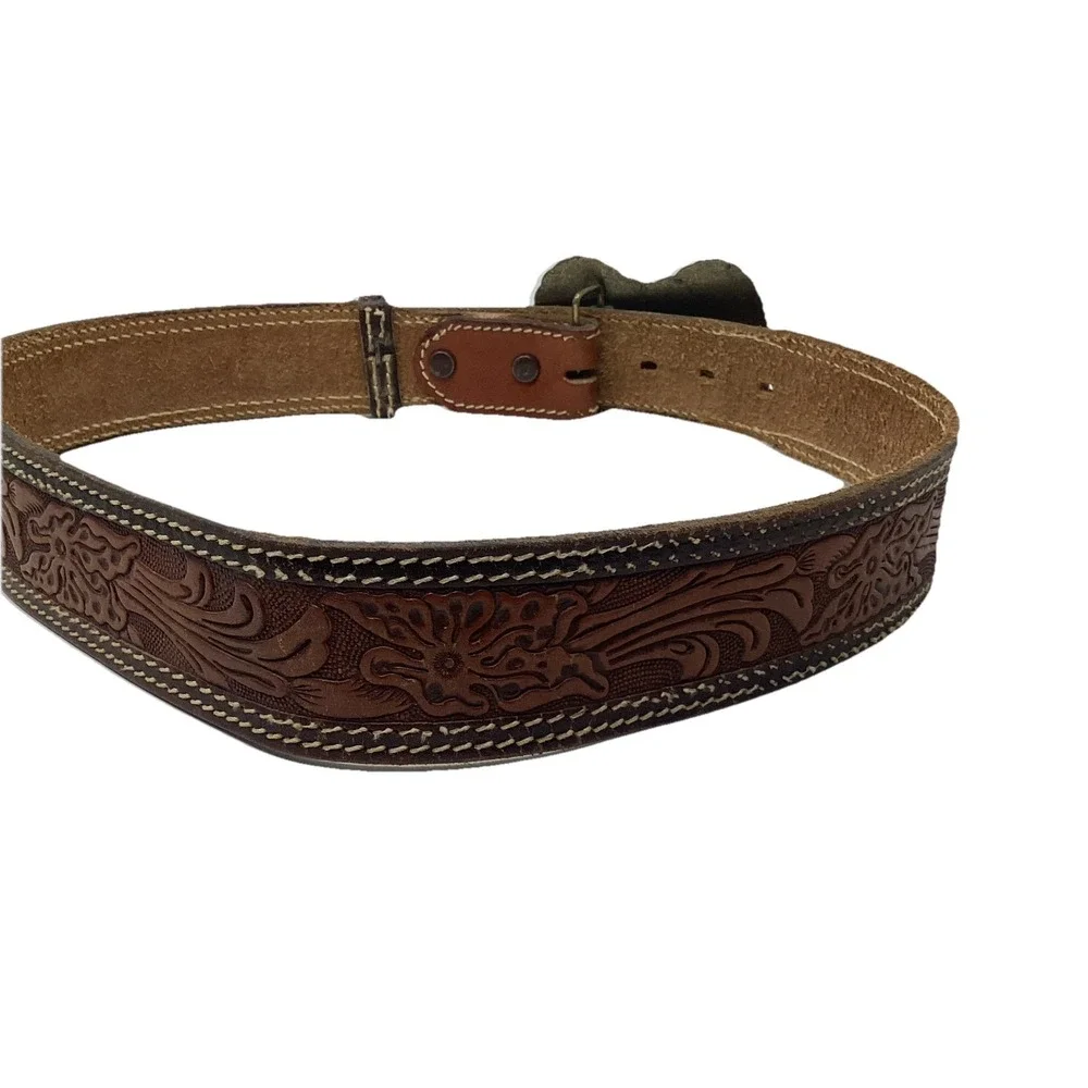 VINTAGE Wrangler Tooled Leather Western Belt Wildbunch Buckle 39